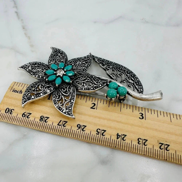 Big 3.25” Flower Brooch Pin Filigree Faux Turquoise Rhinestone Marcasite - Picture 7 of 8